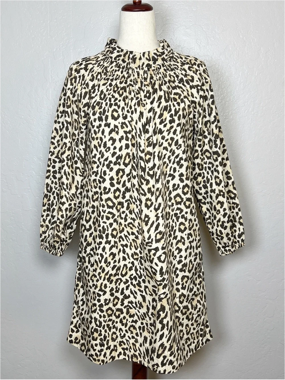 J.CREW Women’s Size XXS Leopard Print Cotton Ruffleneck Puff-Sleeve Shift Dress